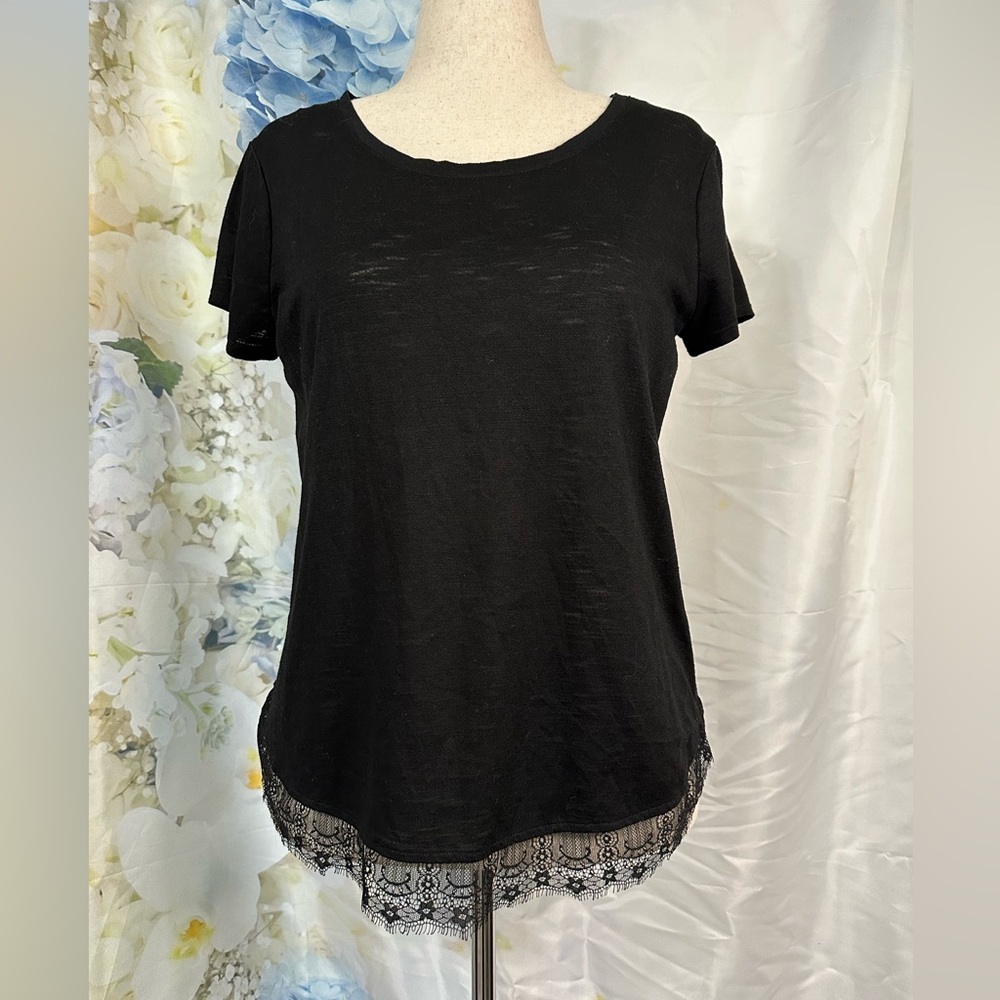 LC Lauren Conrad Black Asymmetrical Short Sleeve Blouse with Lace